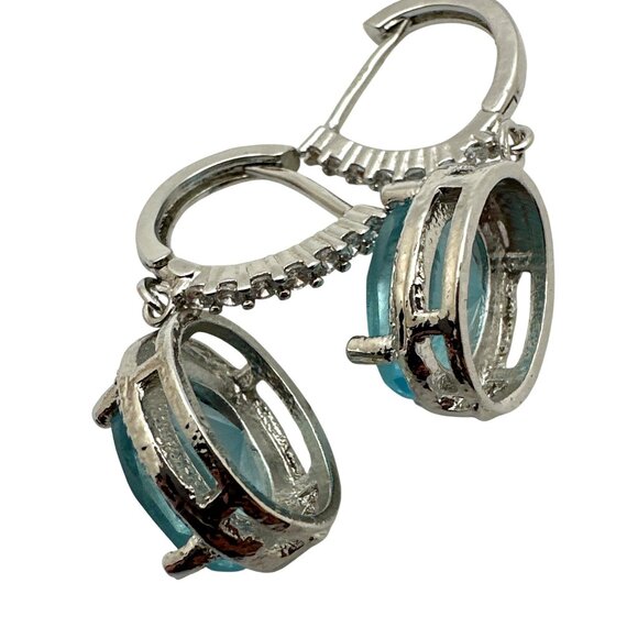 Blue Oval Faceted Aquamarine Drop Earrings Crystals Silver Plating - Picture 6 of 7